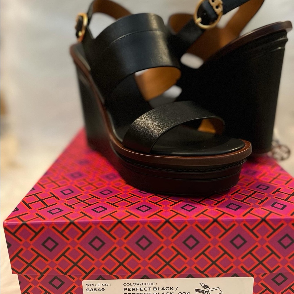 Tory Burch Black Leather Wedges